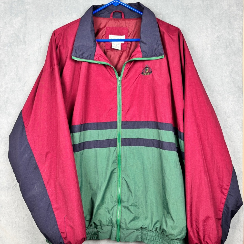 Vintage Izod Men XL Windbreaker Jacket Colorblock Burgundy Green Nylon Full Zip